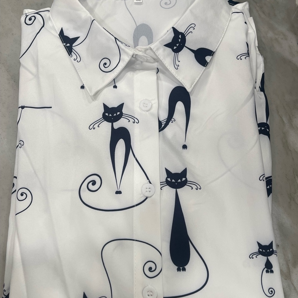 White Shirt with Black Cat Print